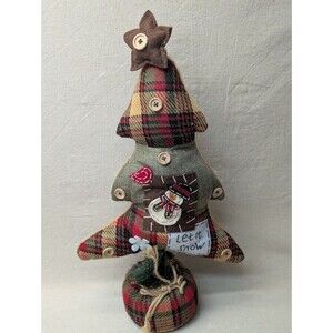 Primitive Plaid Fabric Christmas Tree Snowman Tabletop Decor Let It Snow Rustic